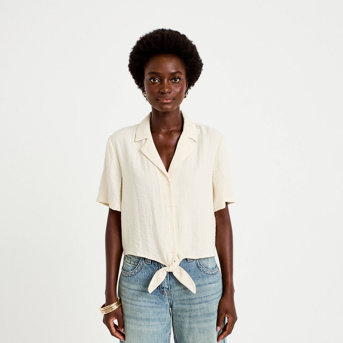 Chemise droite pliss&eacute;e manches courtes ecru femme