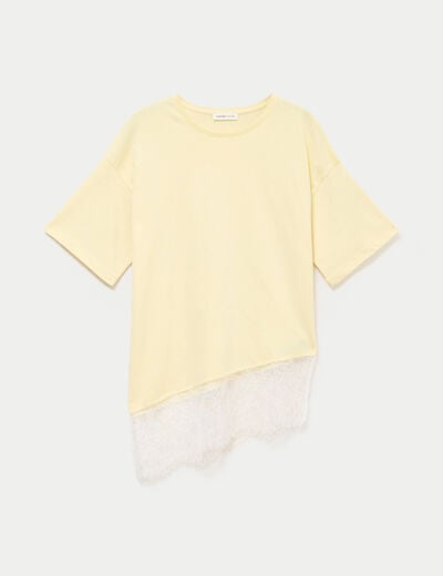 T-shirt oversize longue dentelle jaune clair femme