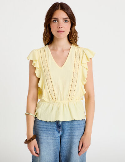 Blouse &agrave; volants jaune pastel femme