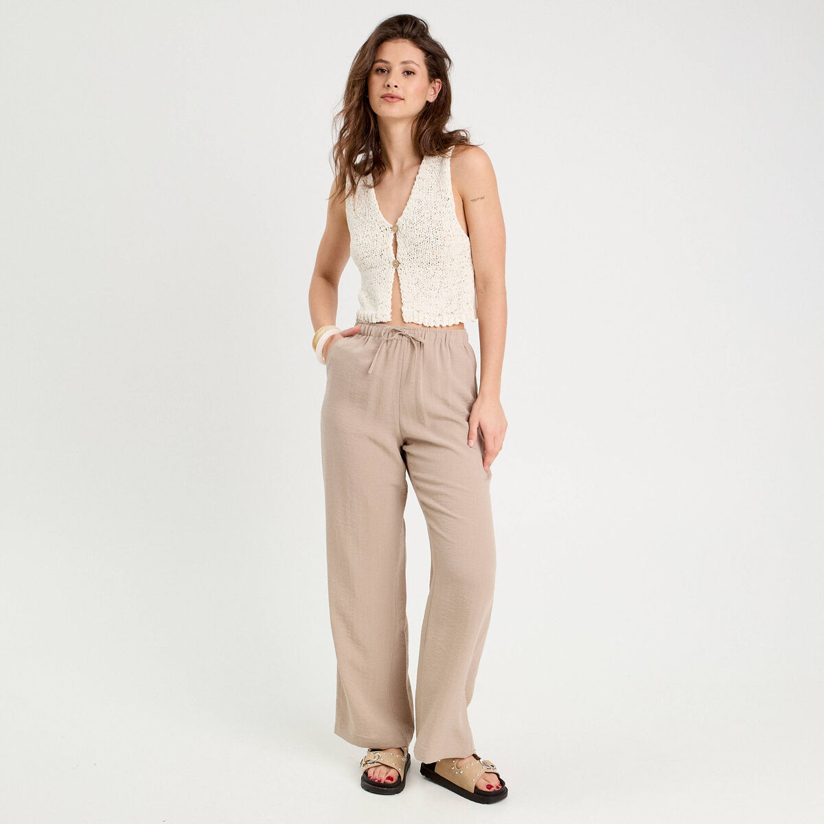 Gilet cropped sans manches ecru femme