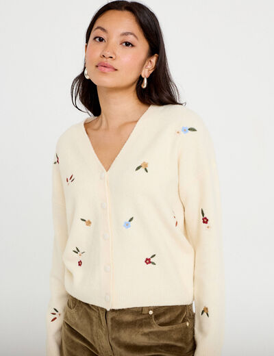 Gilet manches longues fleurs brod&eacute;es sable femme