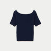 Pull ajust&eacute; court col bateau bleu marine femme