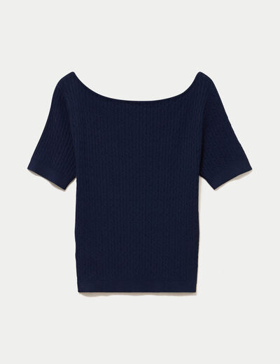 Pull ajust&eacute; court col bateau bleu marine femme