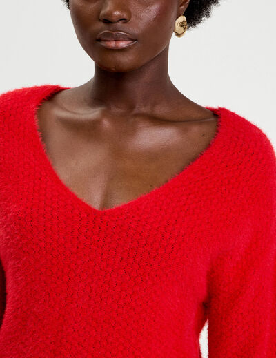 Pull col v manches longues rouge femme