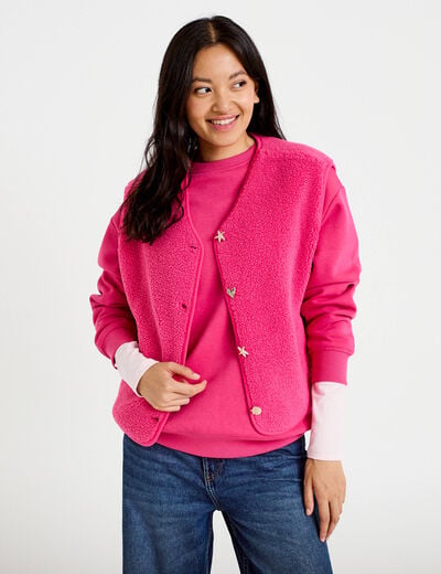 Gilet sans manches effet polaire col v rose fushia femme