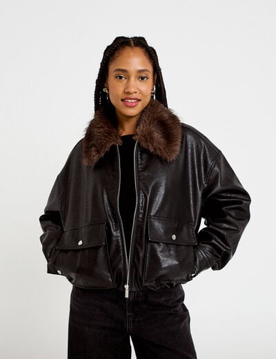Veste droite similicuir col tailleur noir femme