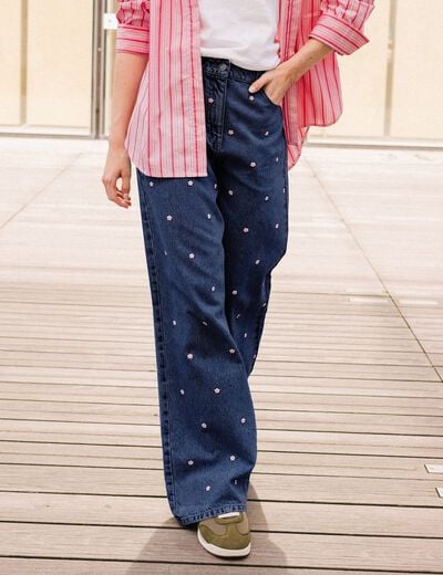Jean wide leg taille haute brod&eacute; bleu fonc&eacute; femme