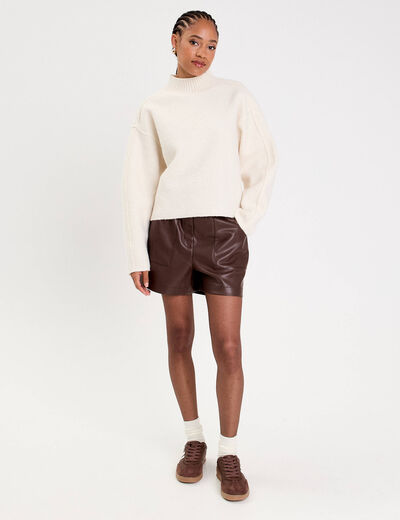 Short regular taille haute similicuir marron fonc&eacute; femme