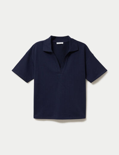 Sweat col chemise manches courtes bleu marine femme