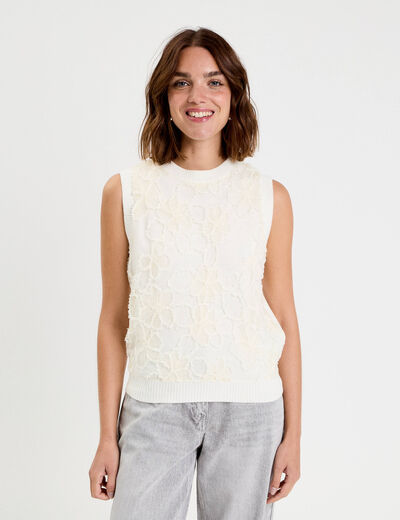 Pull sans manches &agrave; motif floral ecru femme