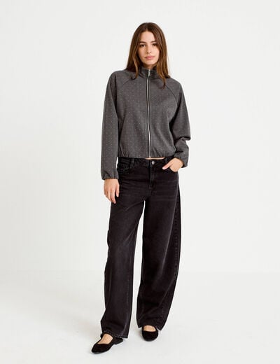 Veste effet boule col montant tweed noir femme
