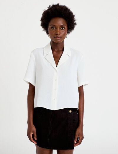 Chemise droite cropped col classique ecru femme