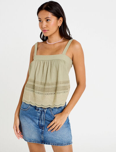 Top &agrave; bretelles broderie vert kaki femme