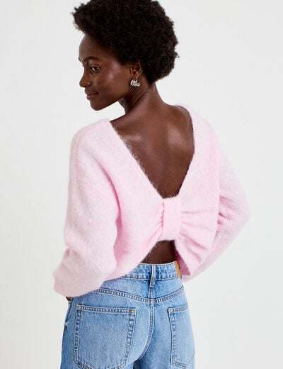 Pull col rond manches longues rose clair femme