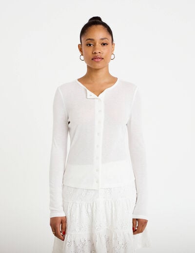 Gilet ajust&eacute; col rond manches longues ecru femme
