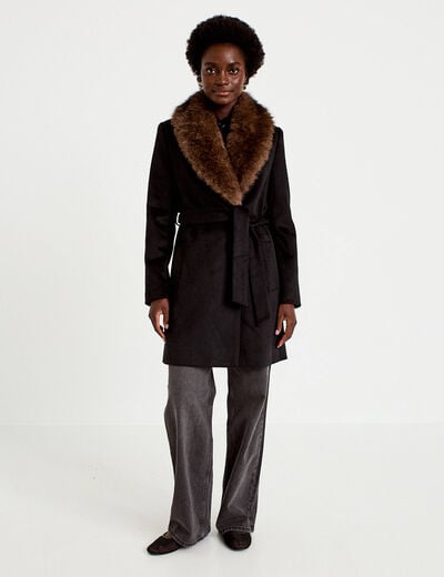 Manteau cintr&eacute; col ch&acirc;le manches longues noir femme