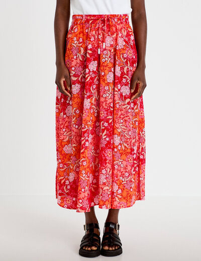 Jupe longue &eacute;vas&eacute;e satin&eacute;e rouge femme