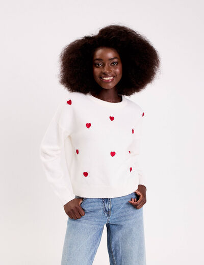 Pull &agrave; motifs coeurs ecru femme