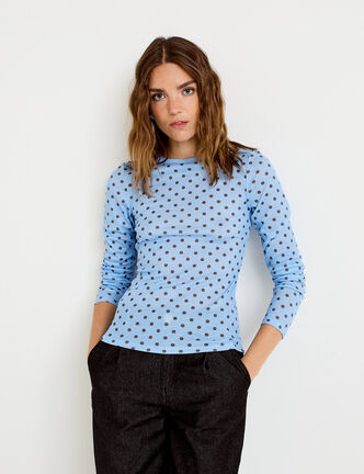 T-shirt ajust&eacute; col rond manches longues bleu ciel femme