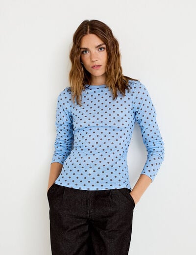 T-shirt ajust&eacute; col rond manches longues bleu ciel femme