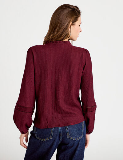 Blouse broderie col V manches longues bordeaux femme