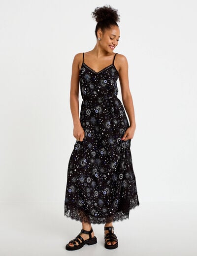 Robe longue &eacute;vas&eacute;e col v dentelle noir femme