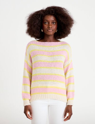 Pull col bateau manches longues jaune clair femme