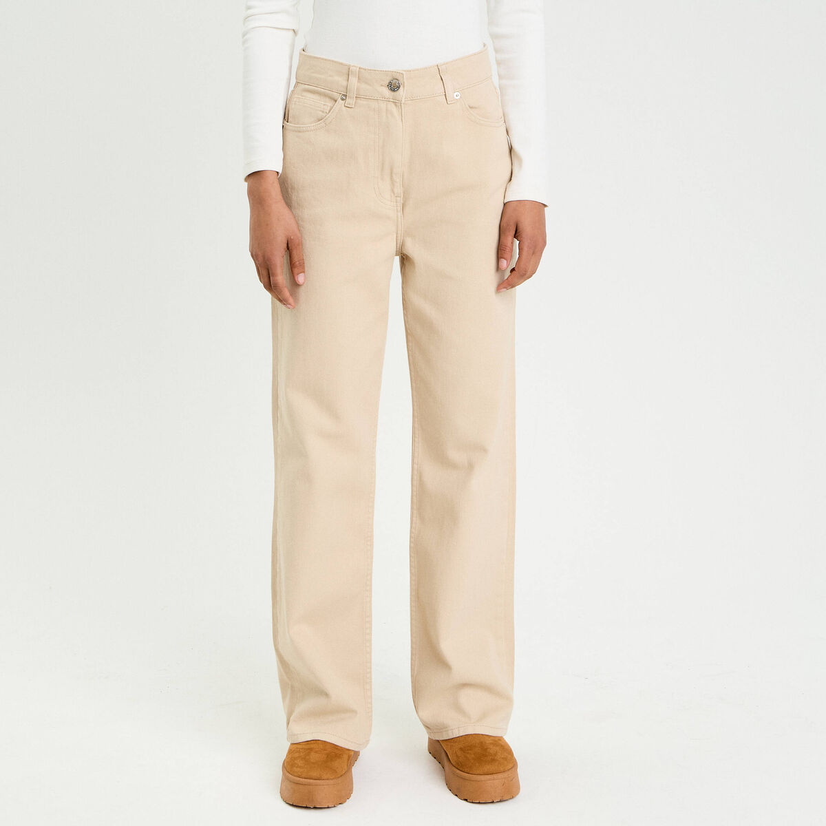 Jean wide leg taille haute beige femme