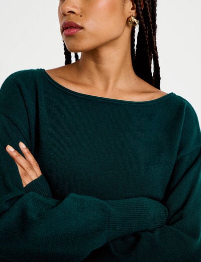 Pull oversize col bateau manches longues vert fonc&eacute; femme