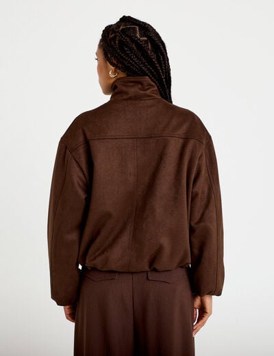 Veste effet boule col montant marron chocolat femme
