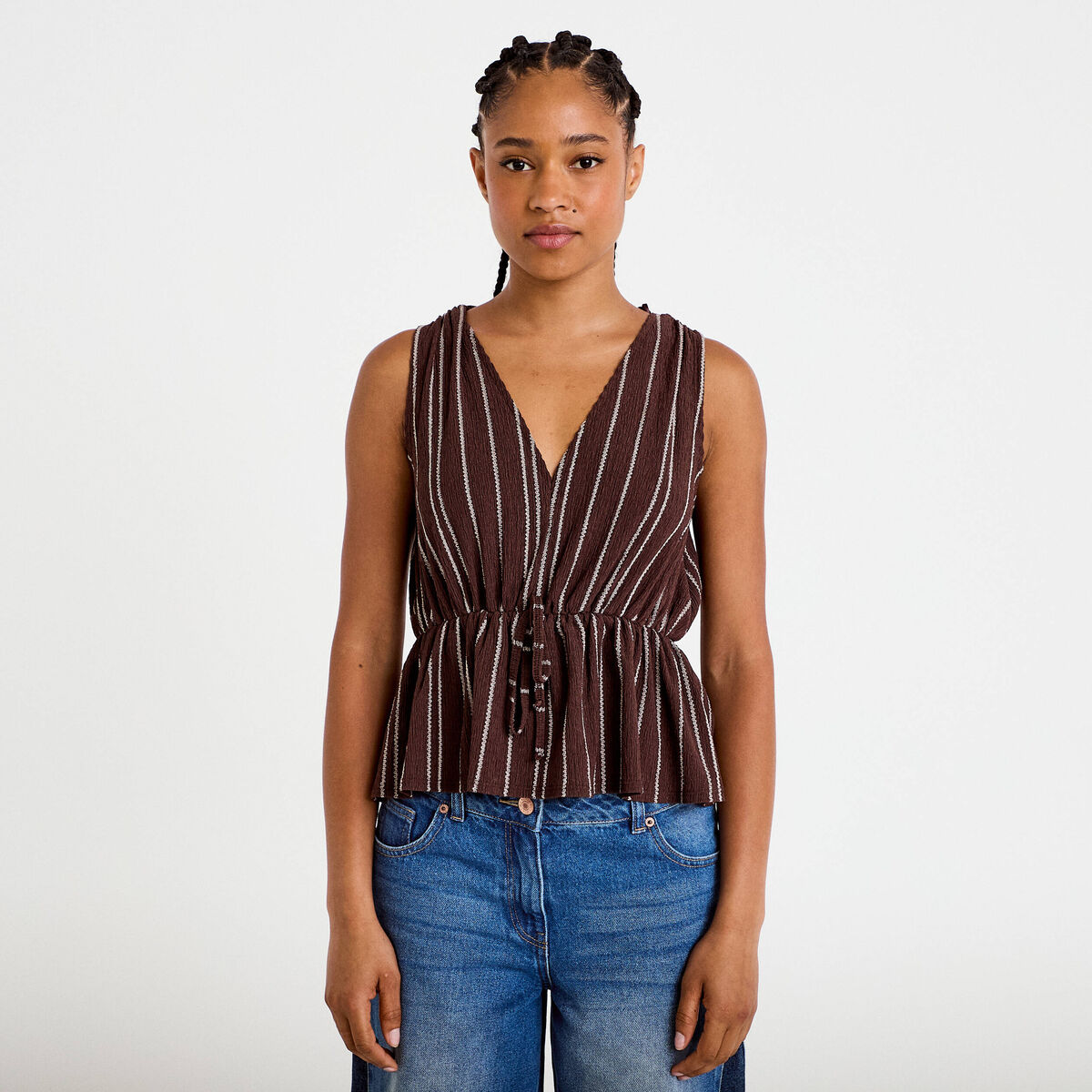 Blouse sans manches col v marron femme