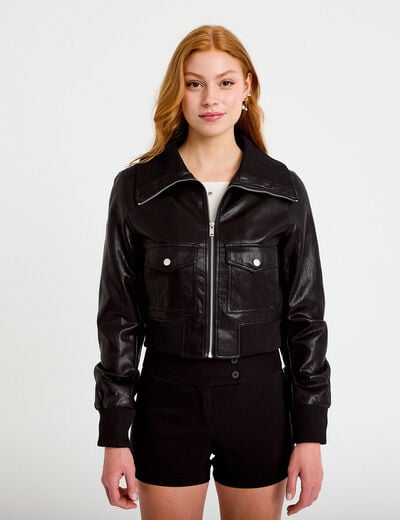 Bomber ajust&eacute; cropped similicuir noir femme
