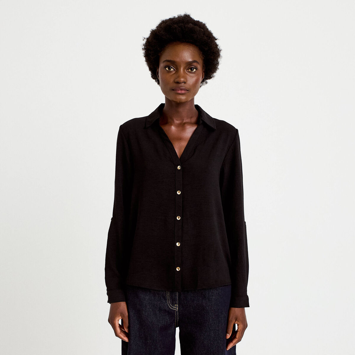 Chemise droite pliss&eacute;e manches longues noir femme