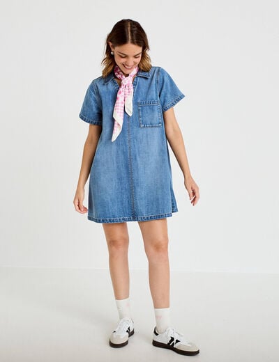 Robe trap&egrave;ze courte en jean col chemise denim double stone femme