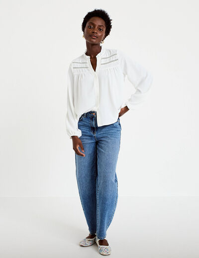Blouse droite col mao manches longues ecru femme
