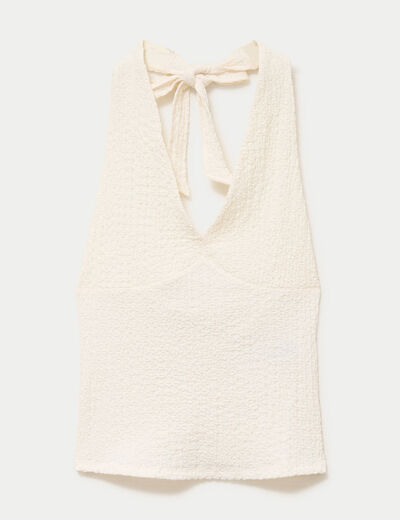 Top cintr&eacute; sans manches avec relief ecru femme