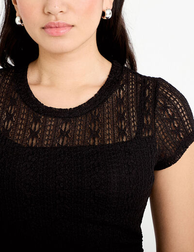 Top en dentelle col rond manches courtes noir femme
