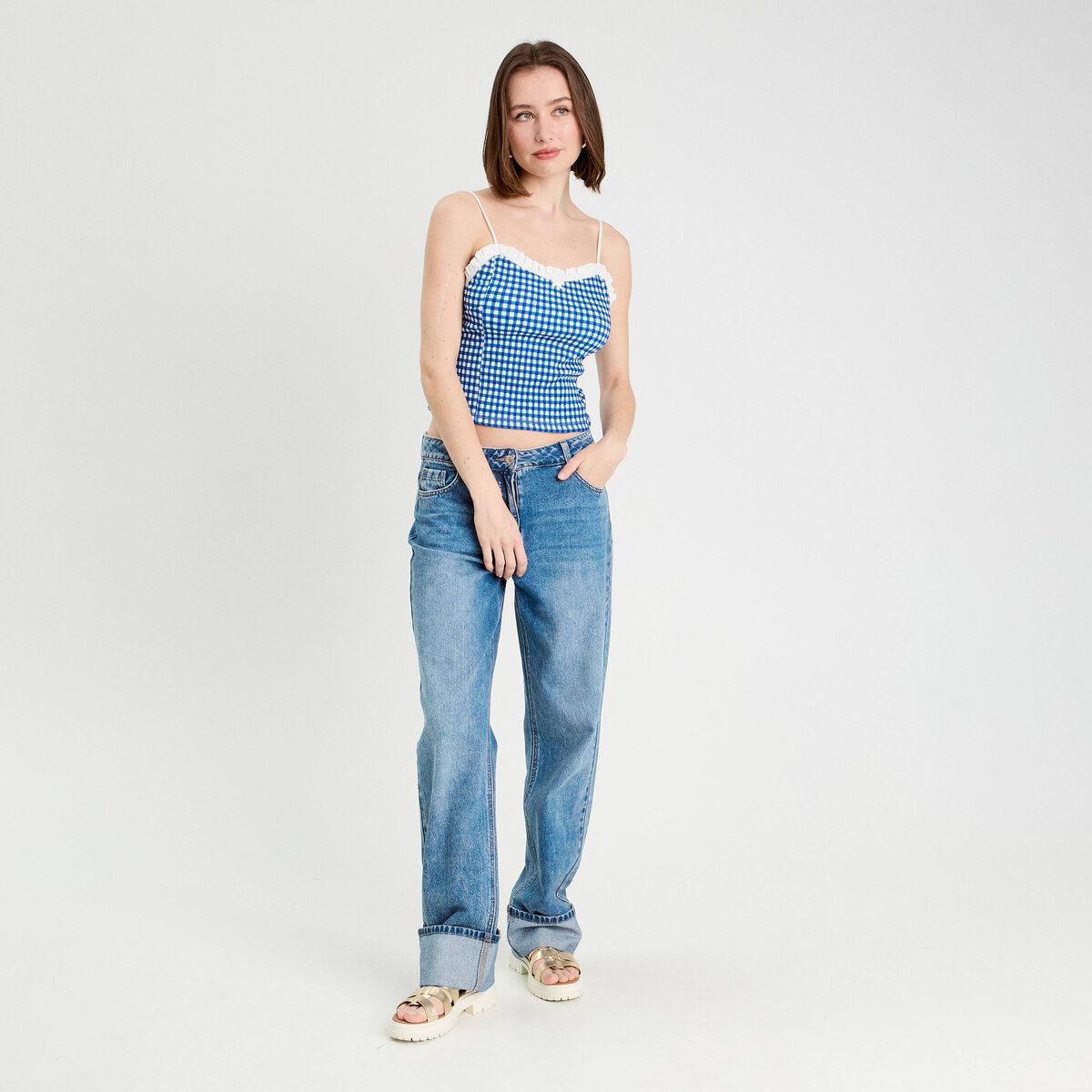 D&eacute;bardeur cropped bretelles bleu electrique femme