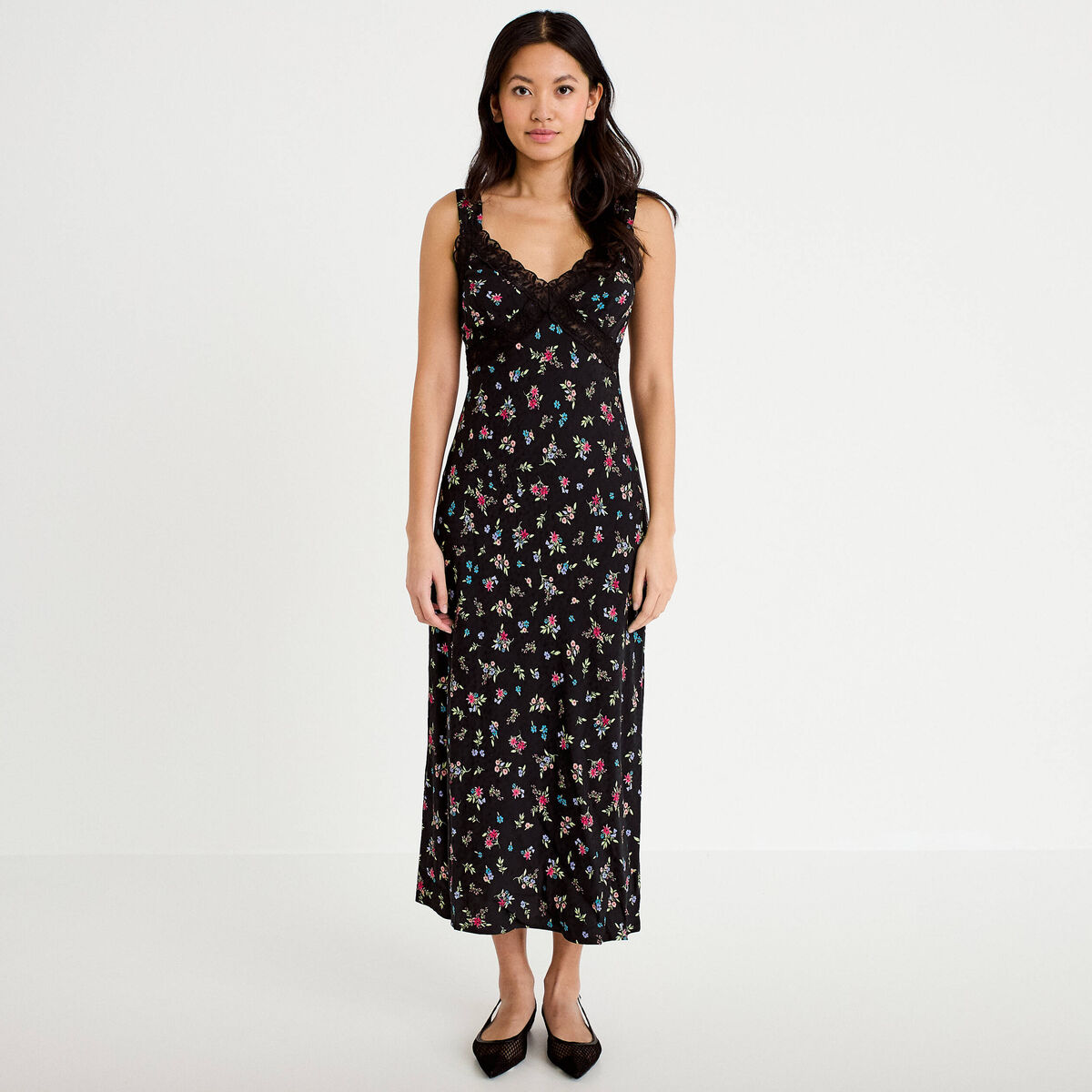 Robe d&eacute;collet&eacute; bretelles aspect dentelle noir femme