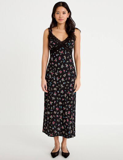 Robe d&eacute;collet&eacute; bretelles aspect dentelle noir femme