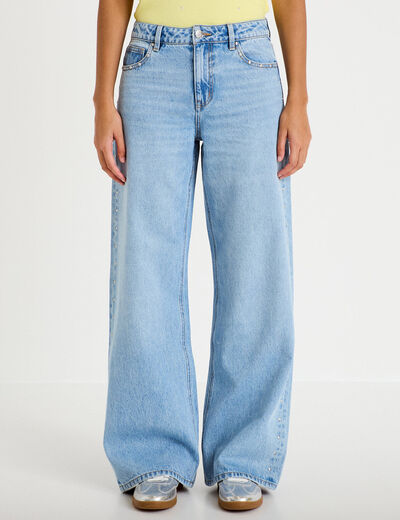 Jean wide leg d&eacute;tails clout&eacute;s denim bleach femme