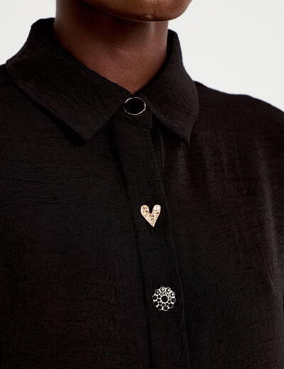 Chemise droite pliss&eacute;e manches longues noir femme