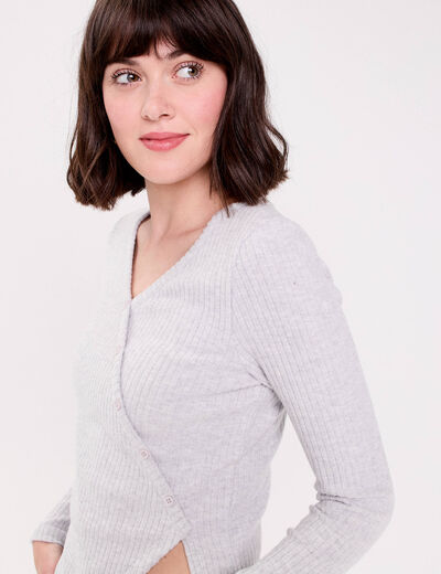 Pull duveteux col rond manches longues gris clair femme