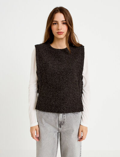 T-shirt 2-en-1 col rond manches longues gris fonc&eacute; femme