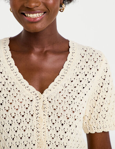 Gilet ajour&eacute; col v manches courtes ecru femme