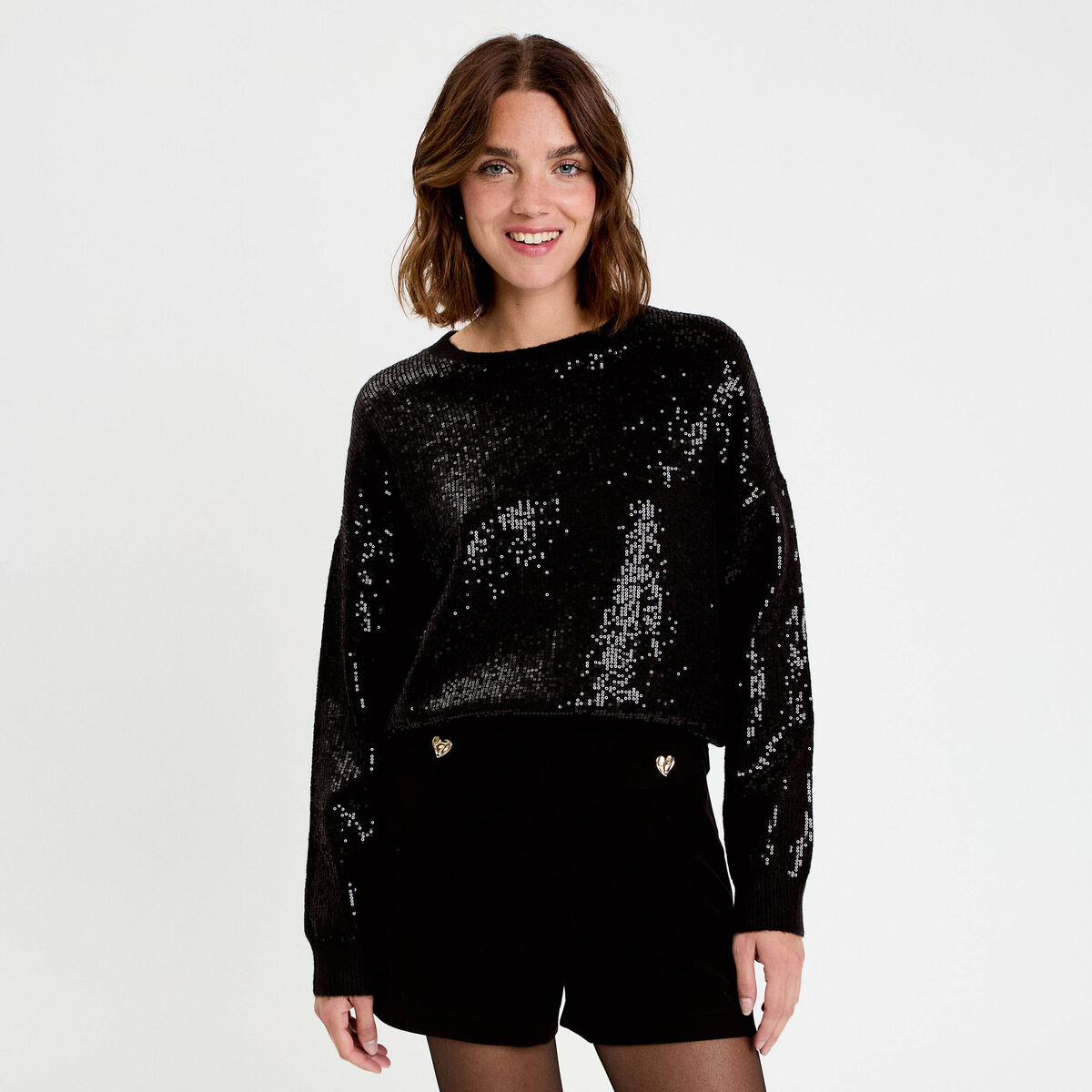 Pull manches longues avec sequins noir femme