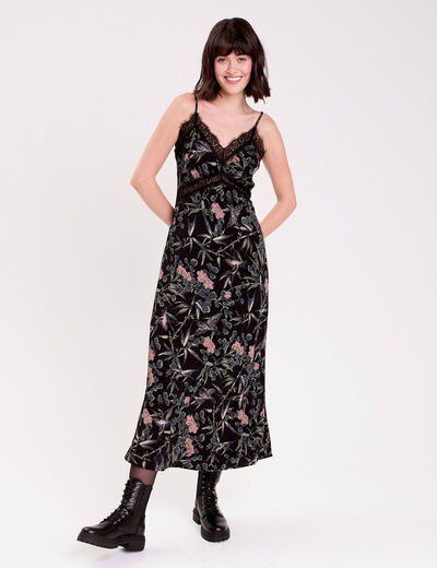 Robe longue droite col v dentelle noir femme