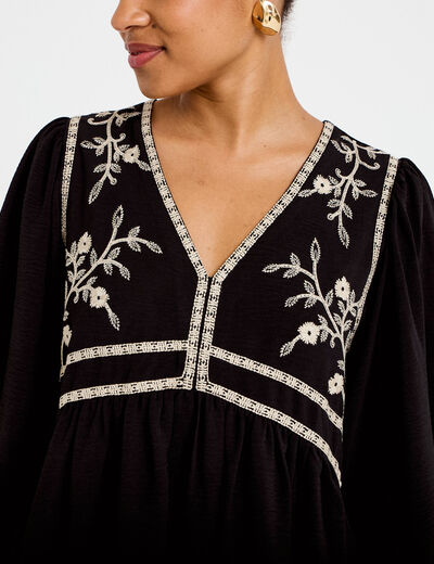 Robe droite courte col v manches 3/4 noir femme