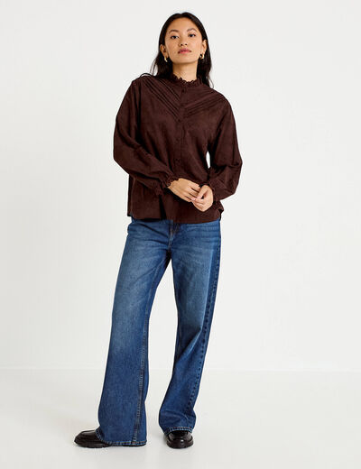 Blouse ample col montant manches longues marron fonc&eacute; femme