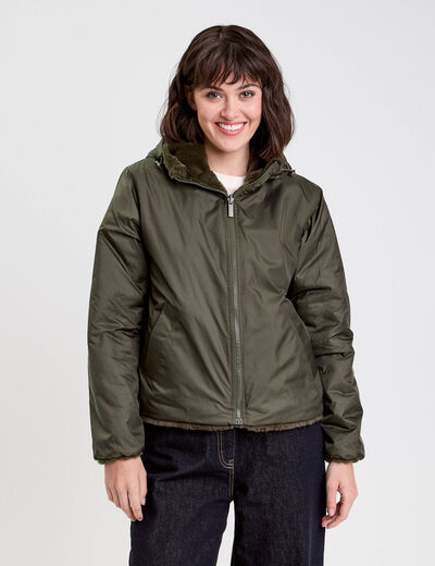 Parka r&eacute;versible &agrave; capuche vert kaki femme